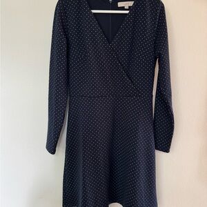 LOFT Navy Long Sleeve Dress with White Dots